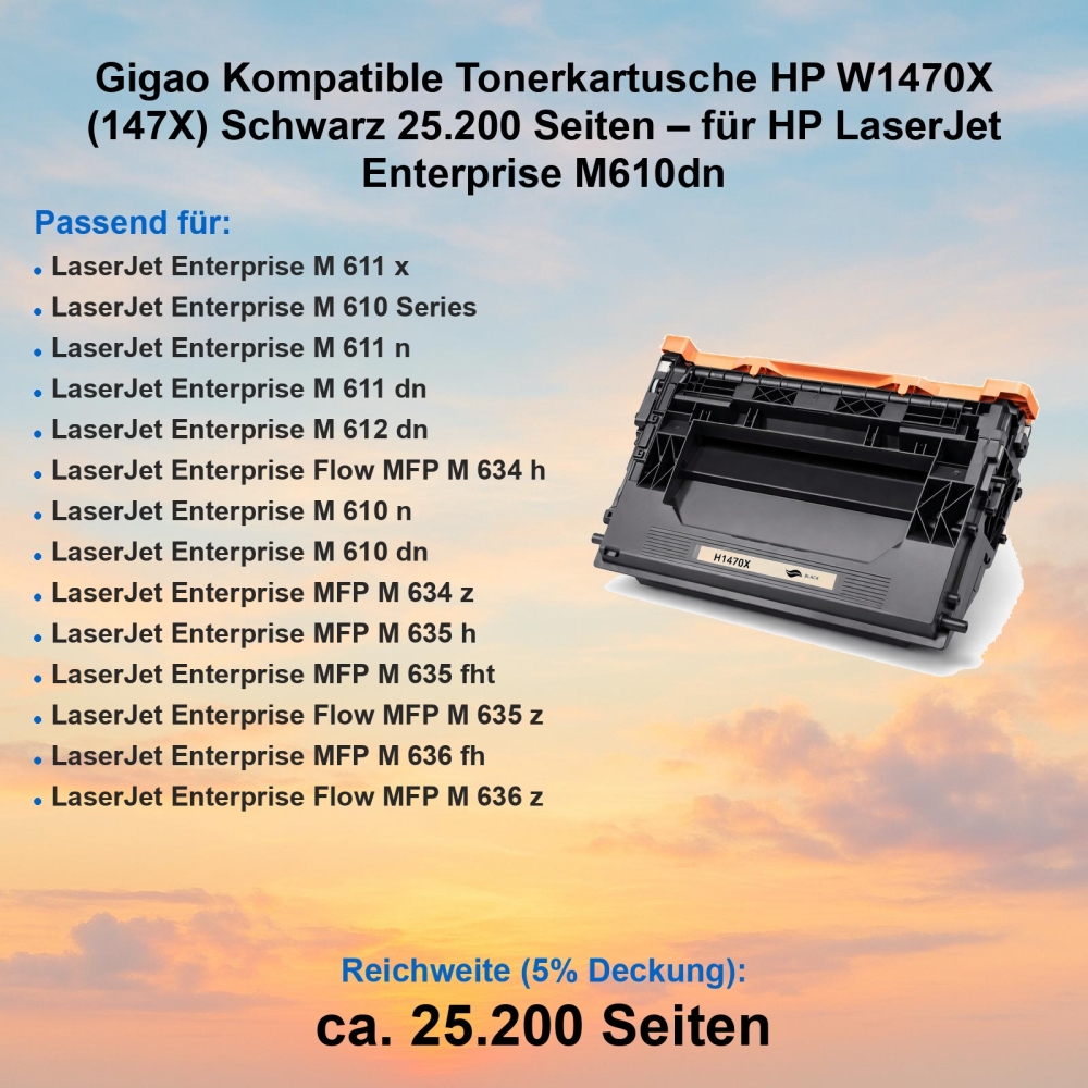 Gigao Kompatible Tonerkartusche HP W1470X (147X) Schwarz 25.200 Seiten – für HP LaserJet Enterprise M610dn