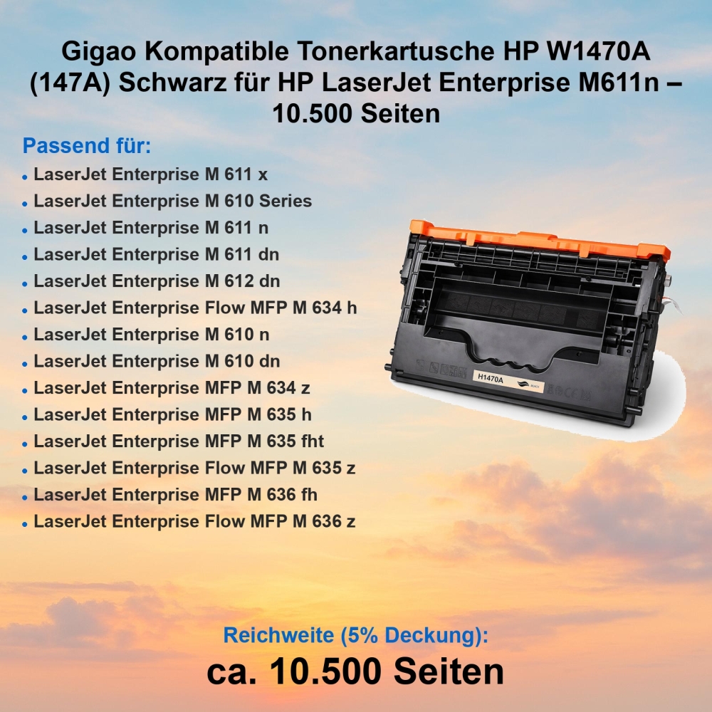 Gigao Kompatible Tonerkartusche HP W1470A (147A) Schwarz für HP LaserJet Enterprise M611n – 10.500 Seiten