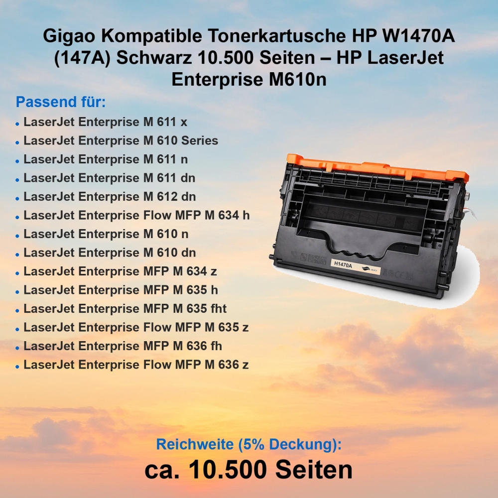 Gigao Kompatible Tonerkartusche HP W1470A (147A) Schwarz 10.500 Seiten – HP LaserJet Enterprise M610n
