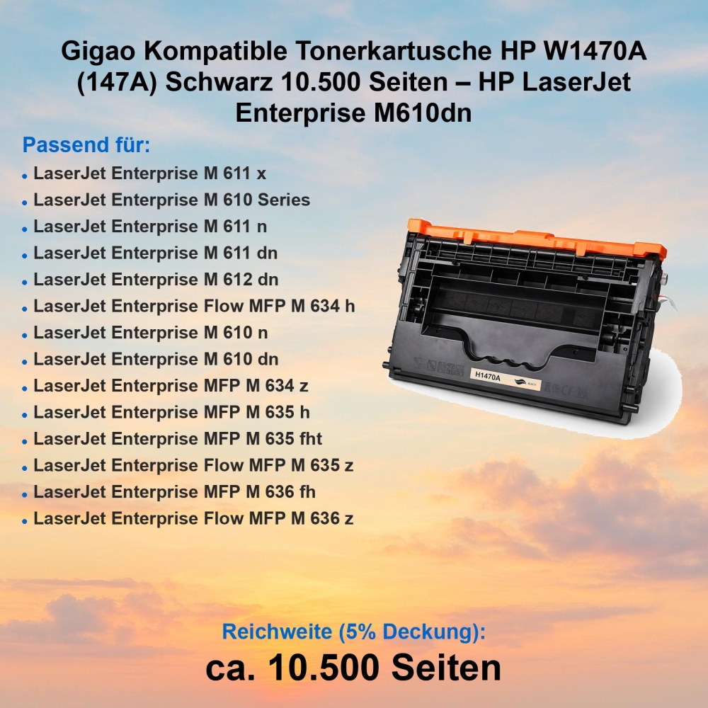 Gigao Kompatible Tonerkartusche HP W1470A (147A) Schwarz 10.500 Seiten – HP LaserJet Enterprise M610dn