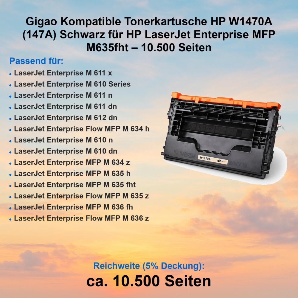 Gigao Kompatible Tonerkartusche HP W1470A (147A) Schwarz für HP LaserJet Enterprise MFP M635fht – 10.500 Seiten