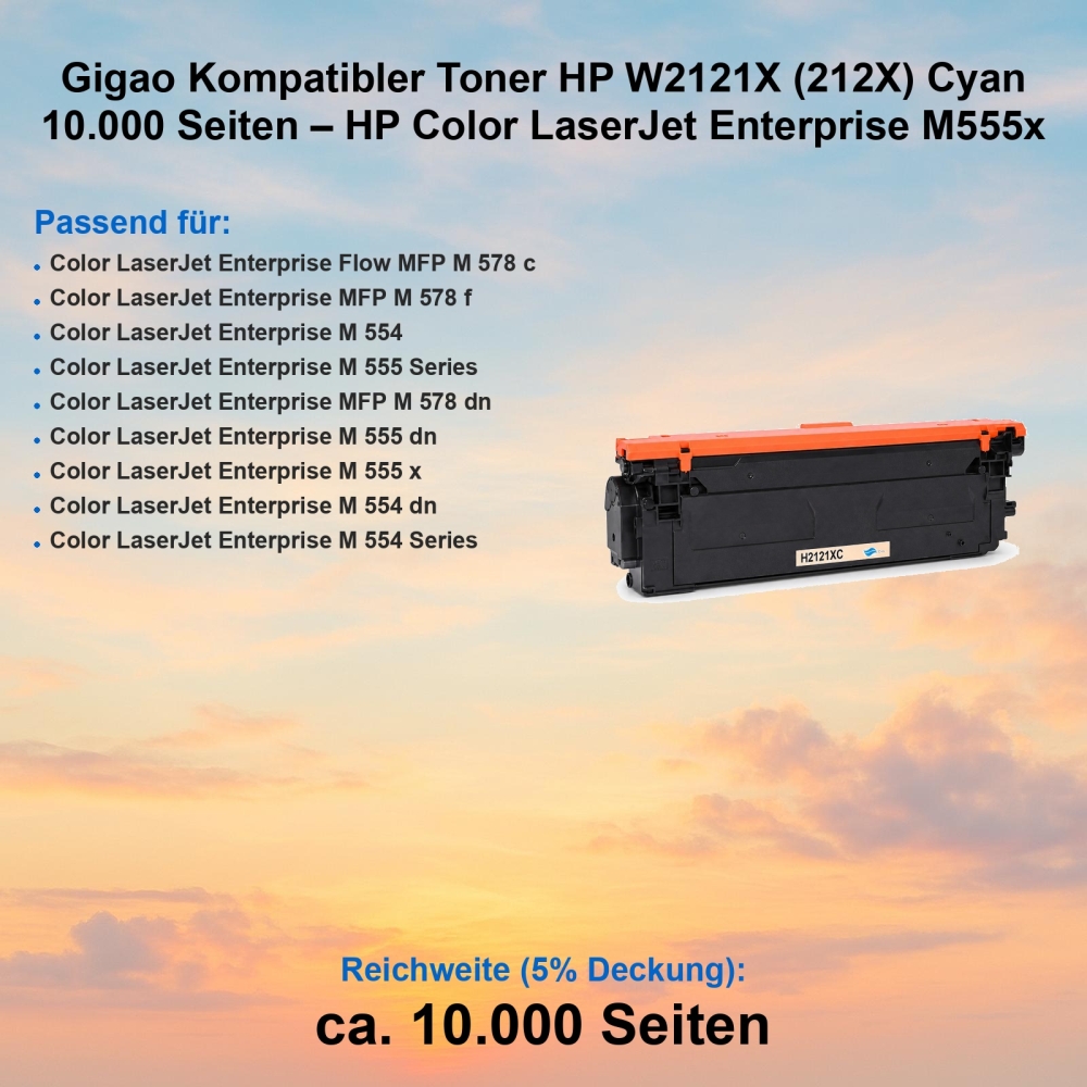 Gigao Kompatibler Toner HP W2121X (212X) Cyan 10.000 Seiten – HP Color LaserJet Enterprise M555x