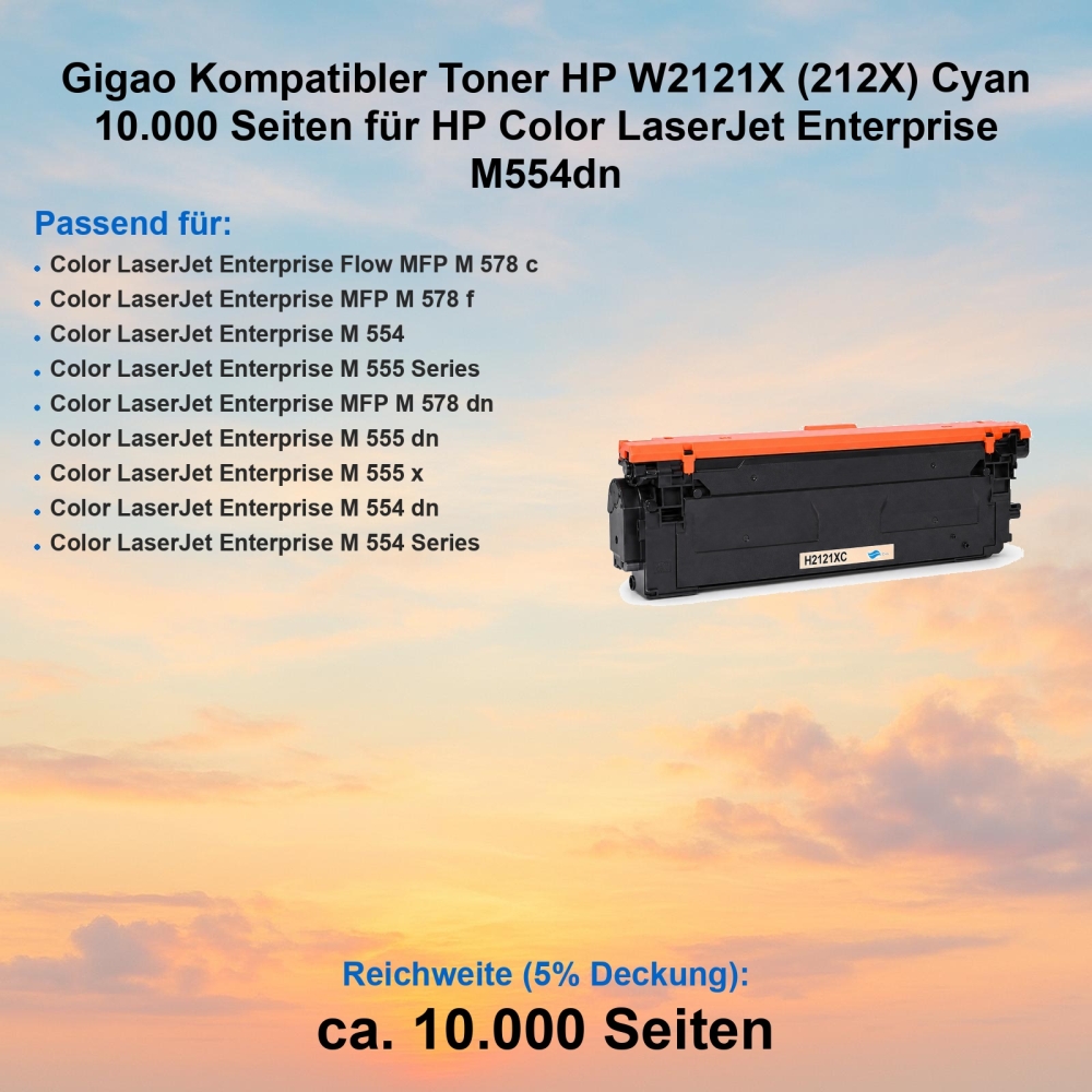 Gigao Kompatibler Toner HP W2121X (212X) Cyan 10.000 Seiten für HP Color LaserJet Enterprise M554dn
