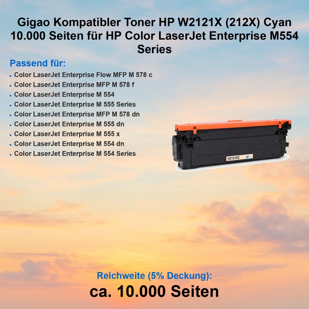 Gigao Kompatibler Toner HP W2121X (212X) Cyan 10.000 Seiten für HP Color LaserJet Enterprise M554 Series