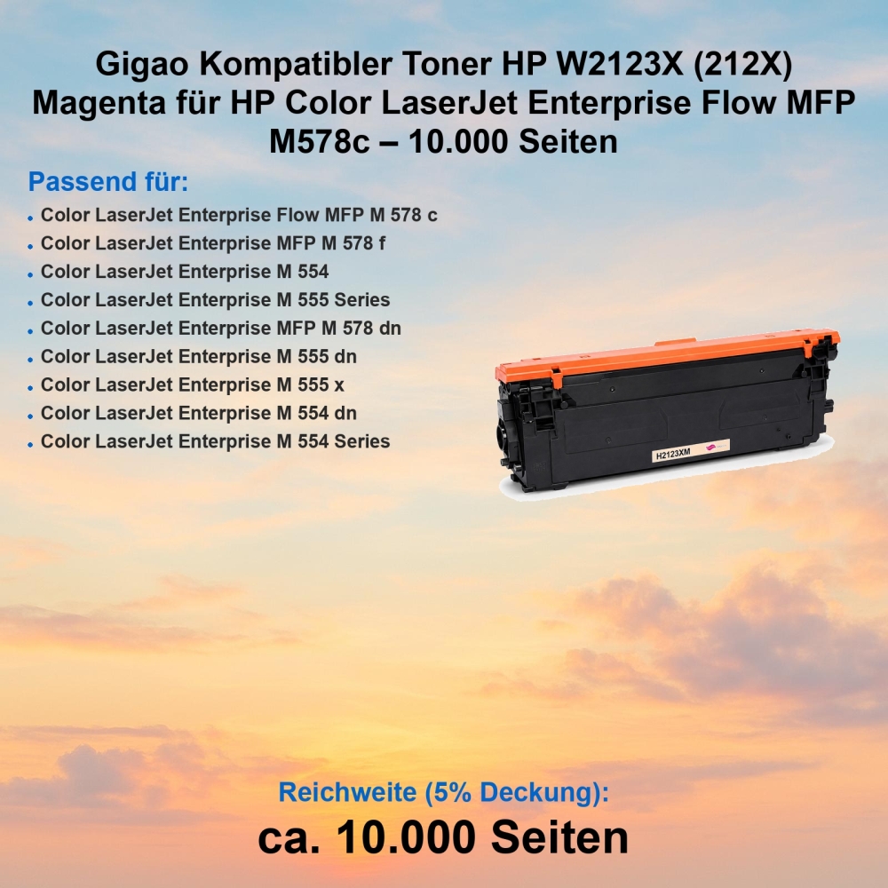 Gigao Kompatibler Toner HP W2123X (212X) Magenta für HP Color LaserJet Enterprise Flow MFP M578c – 10.000 Seiten
