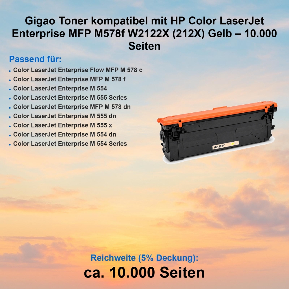 Gigao Toner kompatibel mit HP Color LaserJet Enterprise MFP M578f W2122X (212X) Gelb – 10.000 Seiten