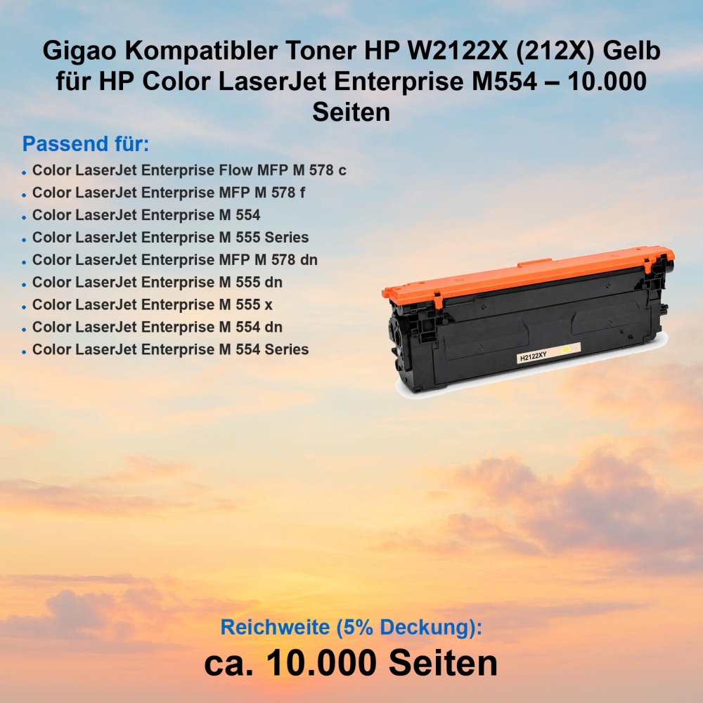 Gigao Kompatibler Toner HP W2122X (212X) Gelb für HP Color LaserJet Enterprise M554 – 10.000 Seiten