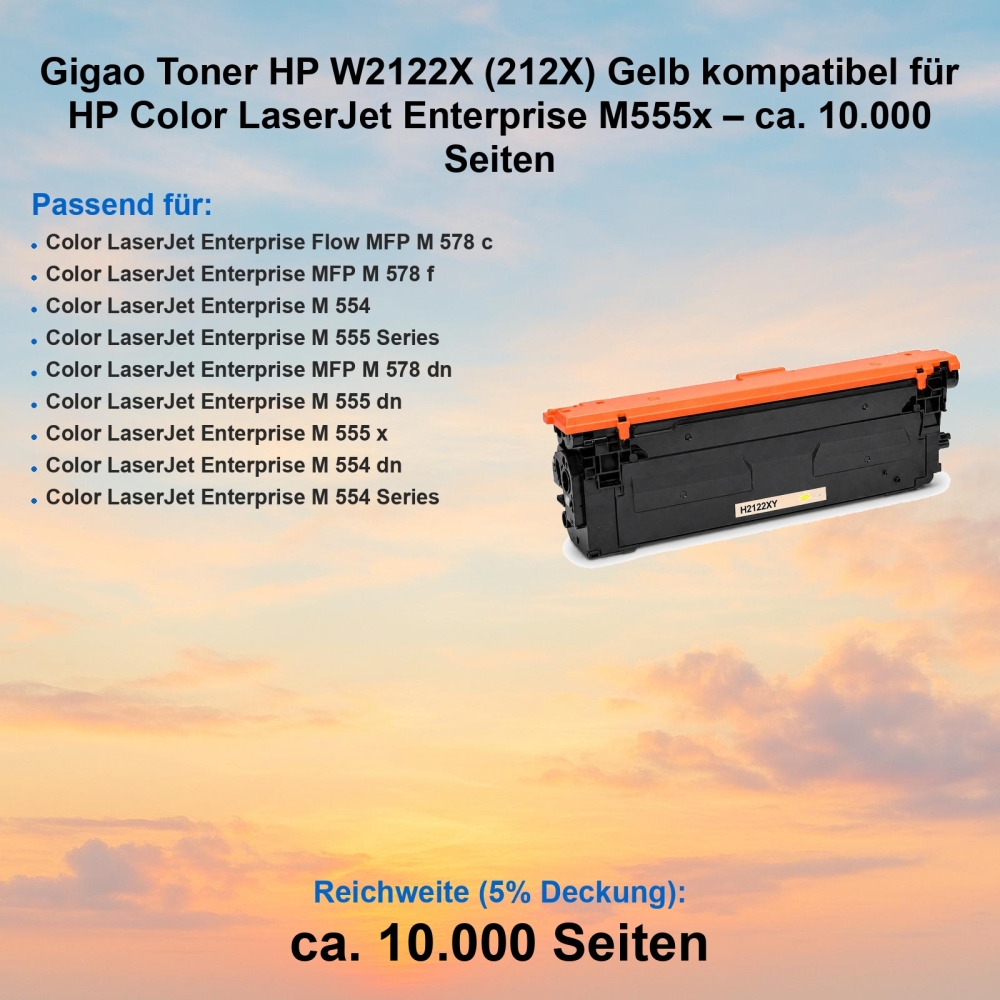 Gigao Toner HP W2122X (212X) Gelb kompatibel für HP Color LaserJet Enterprise M555x – ca. 10.000 Seiten