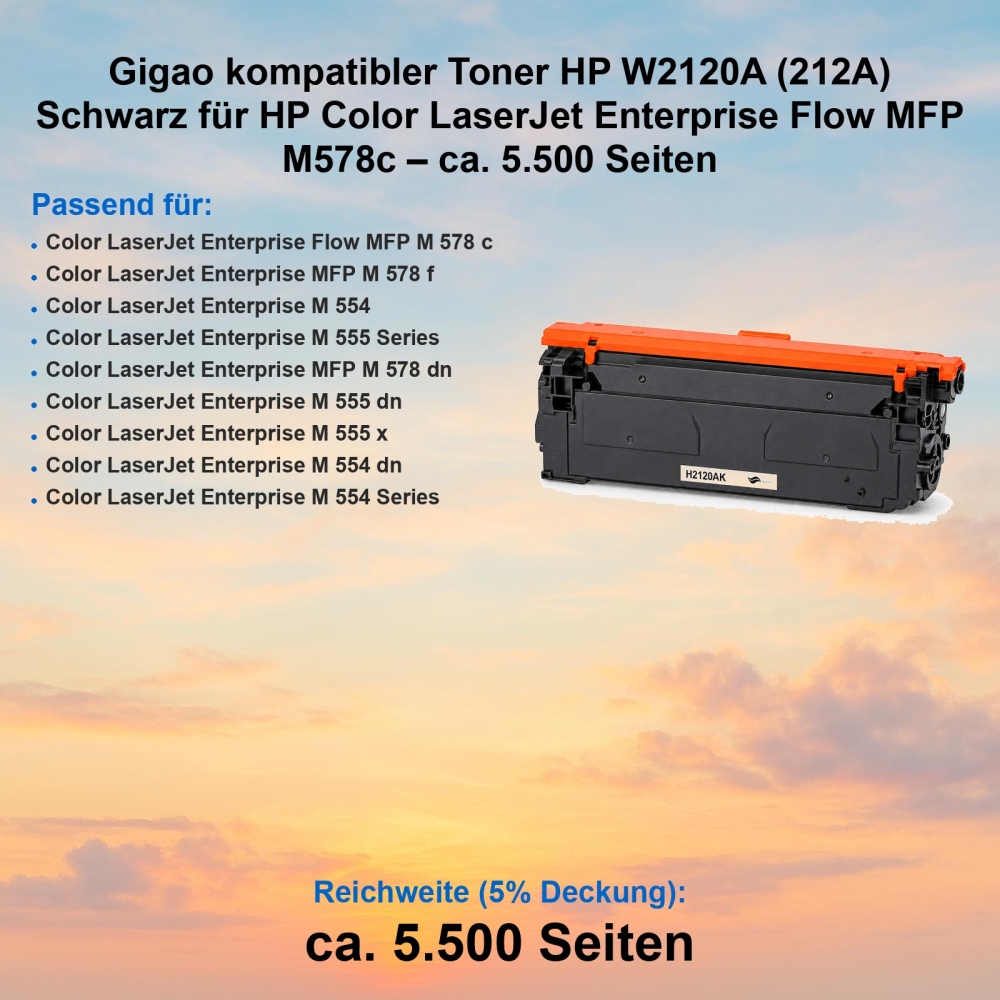 Gigao kompatibler Toner HP W2120A (212A) Schwarz für HP Color LaserJet Enterprise Flow MFP M578c – ca. 5.500 Seiten