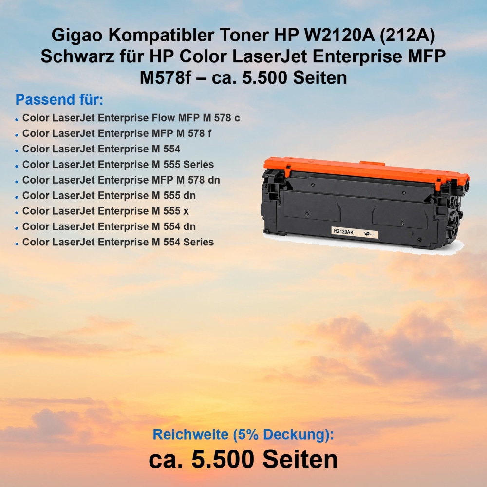 Gigao Kompatibler Toner HP W2120A (212A) Schwarz für HP Color LaserJet Enterprise MFP M578f – ca. 5.500 Seiten