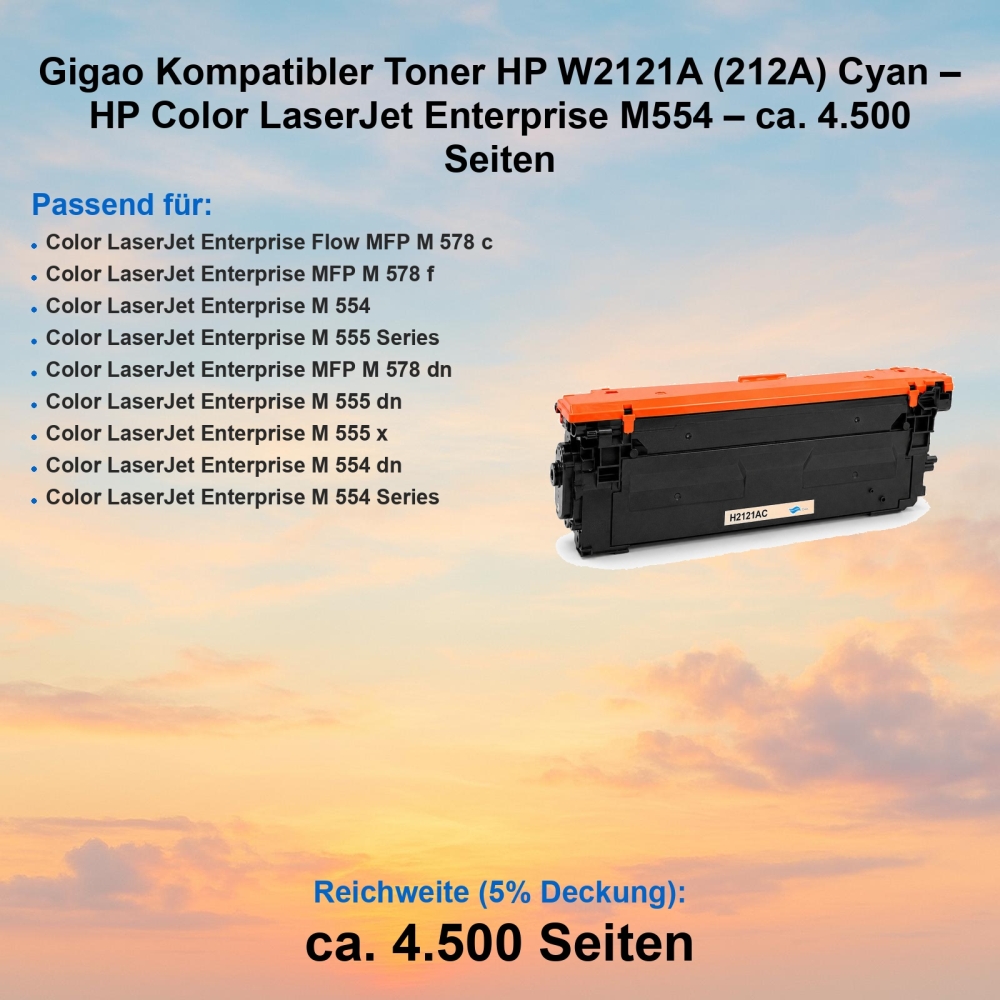 Gigao Kompatibler Toner HP W2121A (212A) Cyan – HP Color LaserJet Enterprise M554 – ca. 4.500 Seiten
