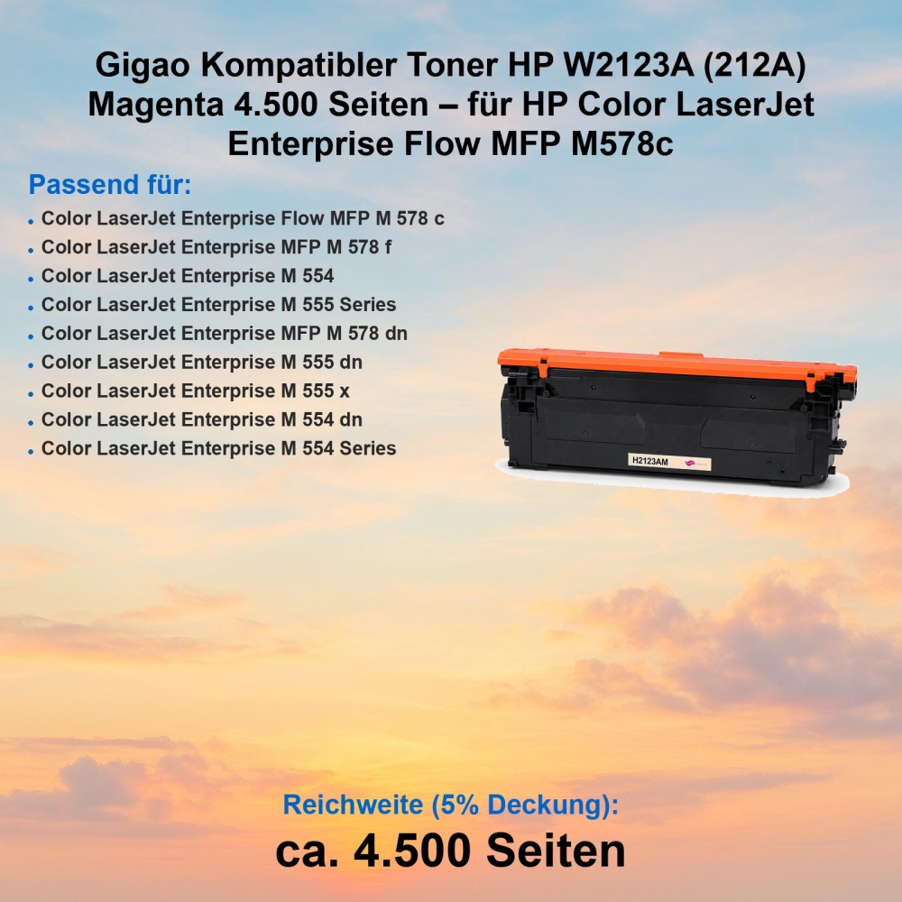 Gigao Kompatibler Toner HP W2123A (212A) Magenta 4.500 Seiten – für HP Color LaserJet Enterprise Flow MFP M578c