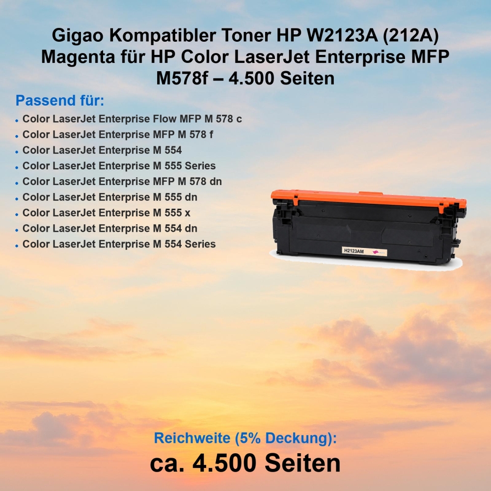 Gigao Kompatibler Toner HP W2123A (212A) Magenta für HP Color LaserJet Enterprise MFP M578f – 4.500 Seiten