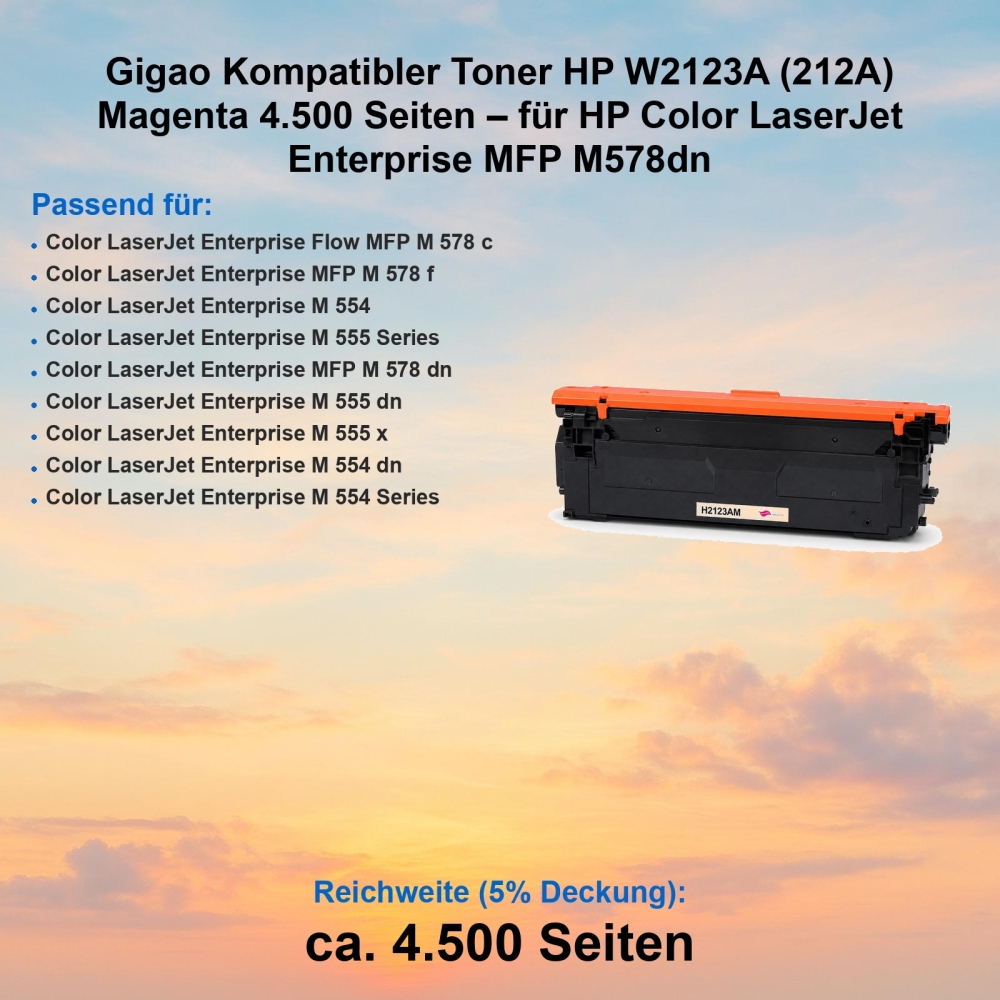 Gigao Kompatibler Toner HP W2123A (212A) Magenta 4.500 Seiten – für HP Color LaserJet Enterprise MFP M578dn