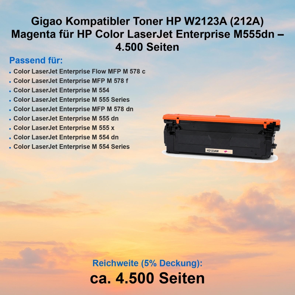 Gigao Kompatibler Toner HP W2123A (212A) Magenta für HP Color LaserJet Enterprise M555dn – 4.500 Seiten