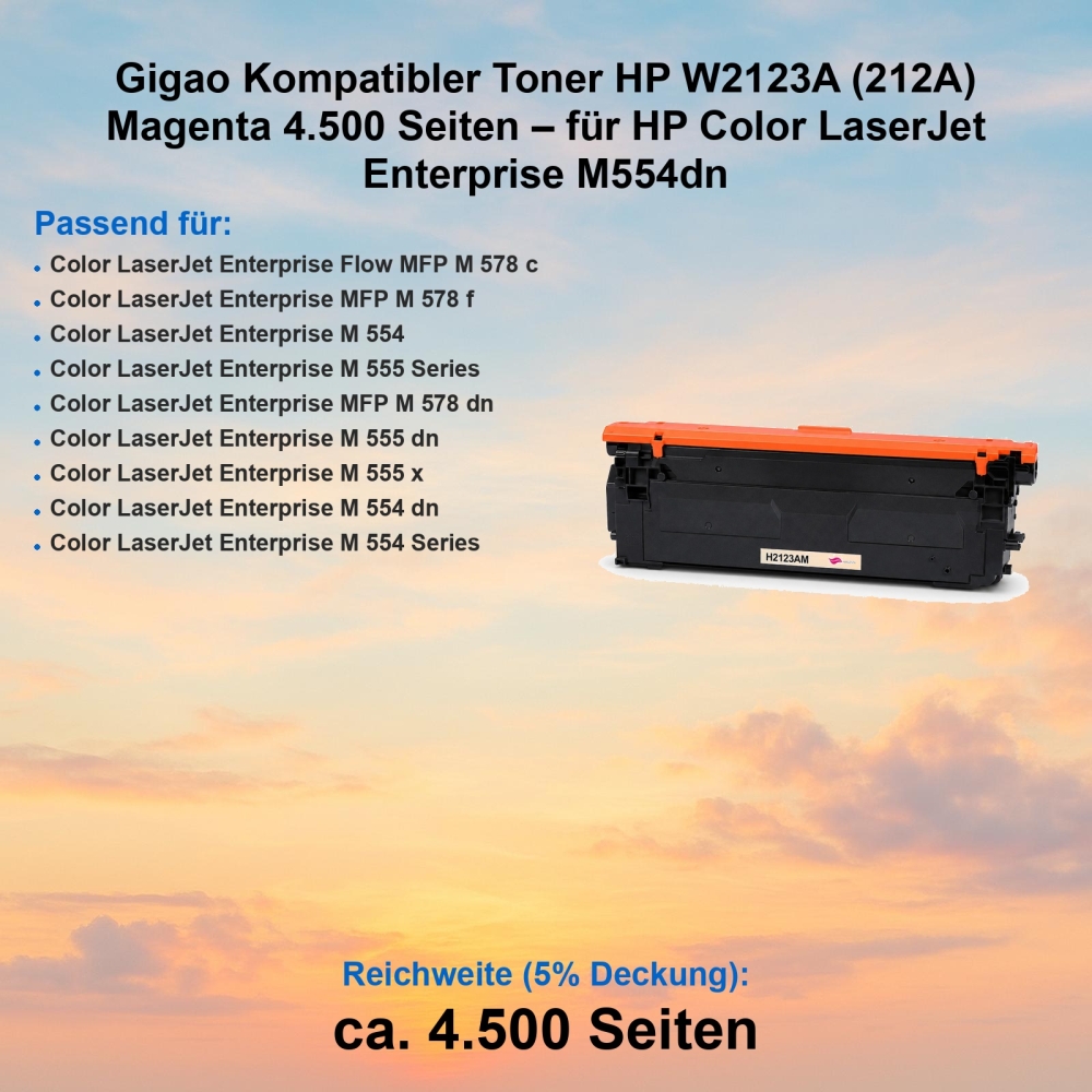 Gigao Kompatibler Toner HP W2123A (212A) Magenta 4.500 Seiten – für HP Color LaserJet Enterprise M554dn
