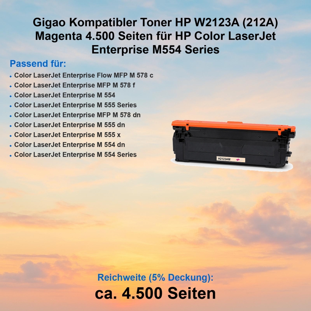 Gigao Kompatibler Toner HP W2123A (212A) Magenta 4.500 Seiten für HP Color LaserJet Enterprise M554 Series