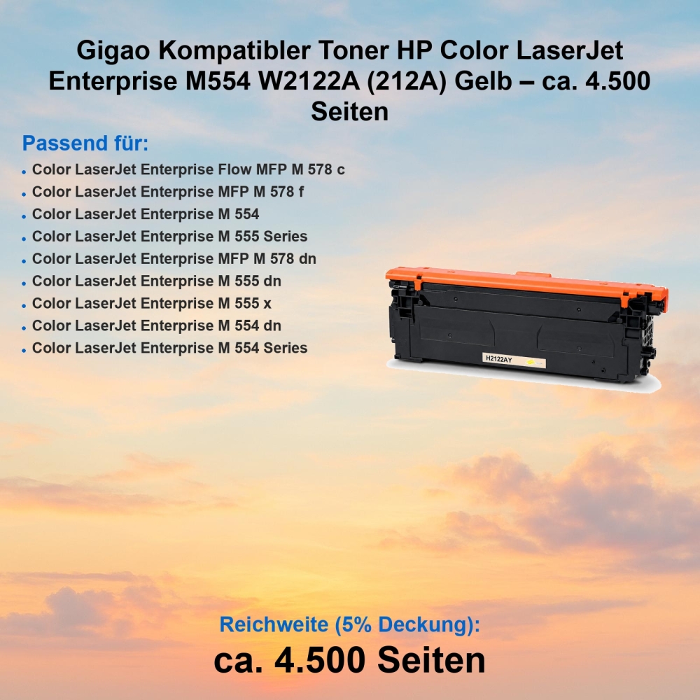 Gigao Kompatibler Toner HP Color LaserJet Enterprise M554 W2122A (212A) Gelb – ca. 4.500 Seiten