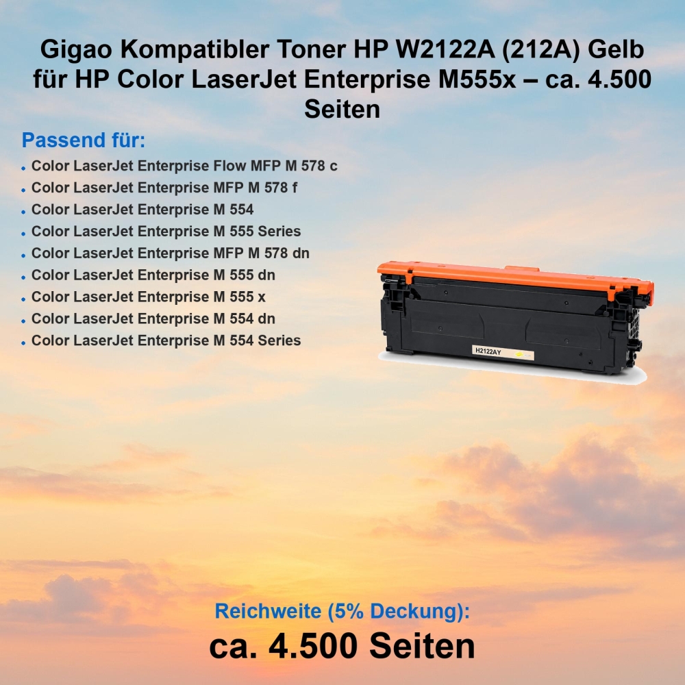 Gigao Kompatibler Toner HP W2122A (212A) Gelb für HP Color LaserJet Enterprise M555x – ca. 4.500 Seiten