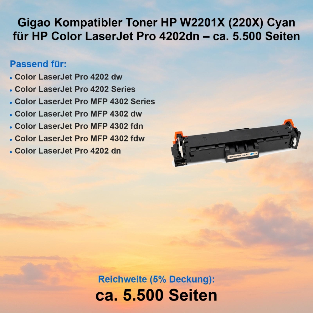 Cyan Toner für HP LaserJet Pro 4202dn kompatibel W2201X (220X) XL-Version