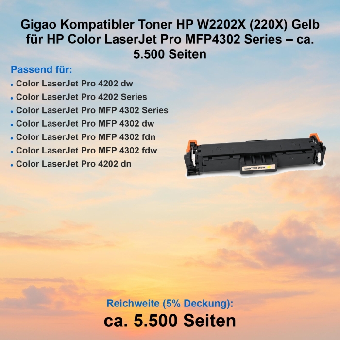 Gigao Kompatibler Toner HP W2202X (220X) Gelb für HP...