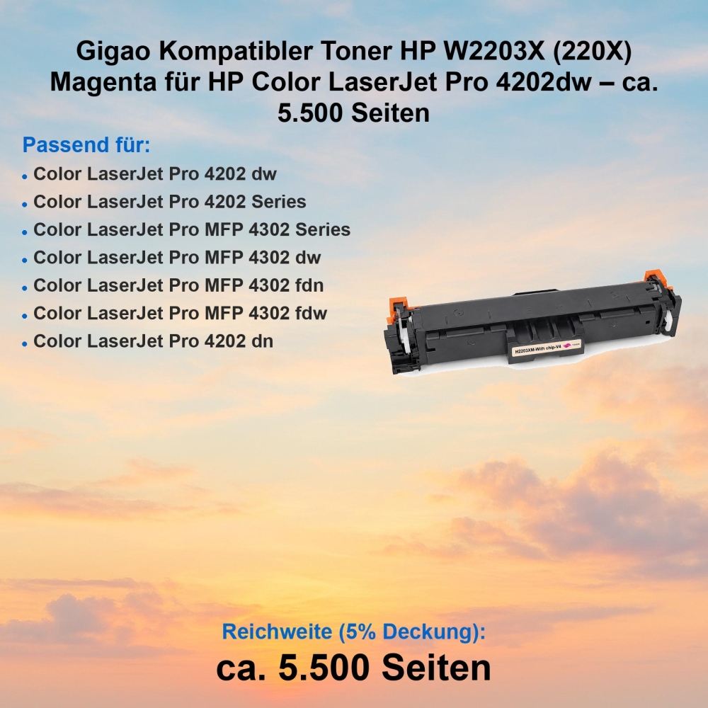 Gigao Kompatibler Toner HP W2203X (220X) Magenta für HP Color LaserJet Pro 4202dw – ca. 5.500 Seiten
