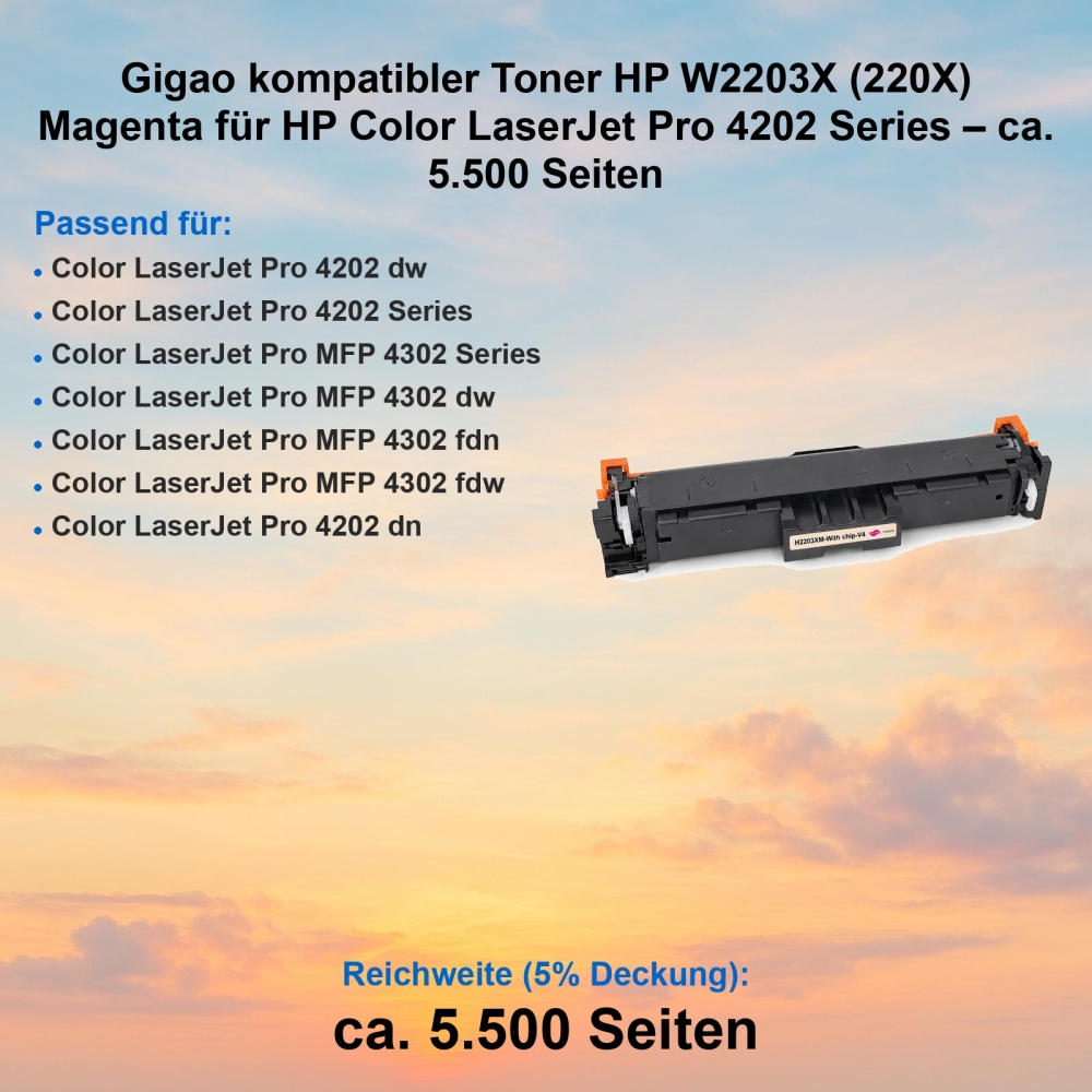 Gigao kompatibler Toner HP W2203X (220X) Magenta für HP Color LaserJet Pro 4202 Series – ca. 5.500 Seiten