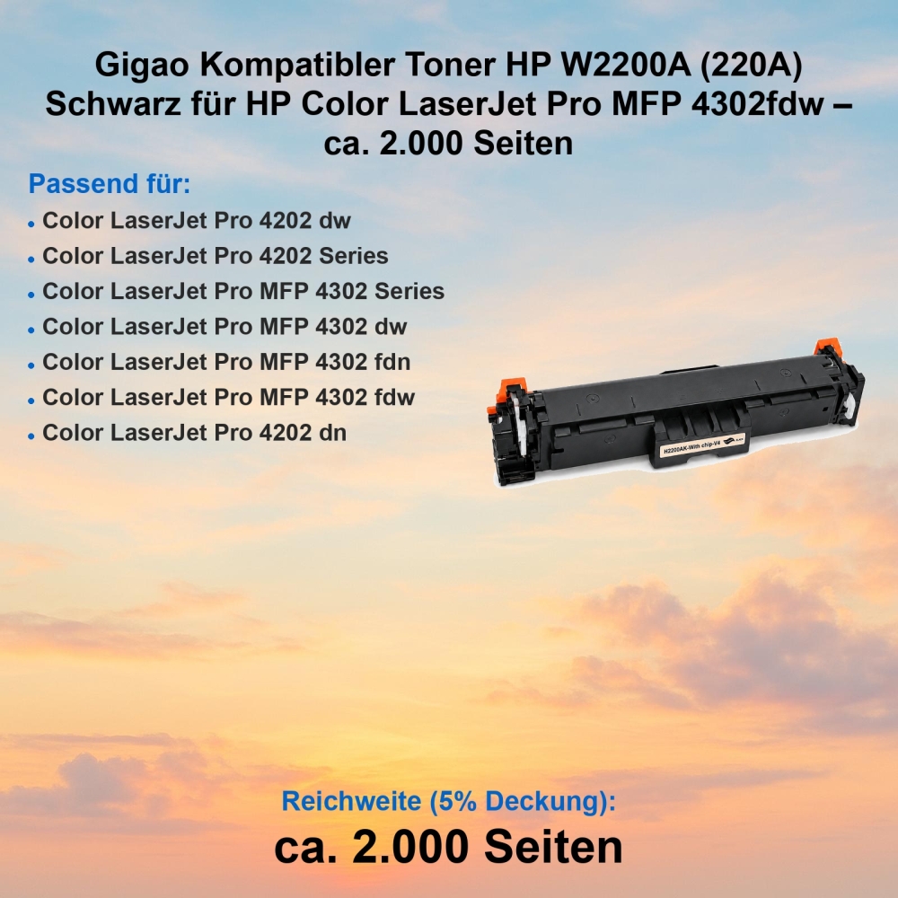Schwarz Toner für HP LaserJet Pro MFP 4302fdw kompatibel W2200A (220A)
