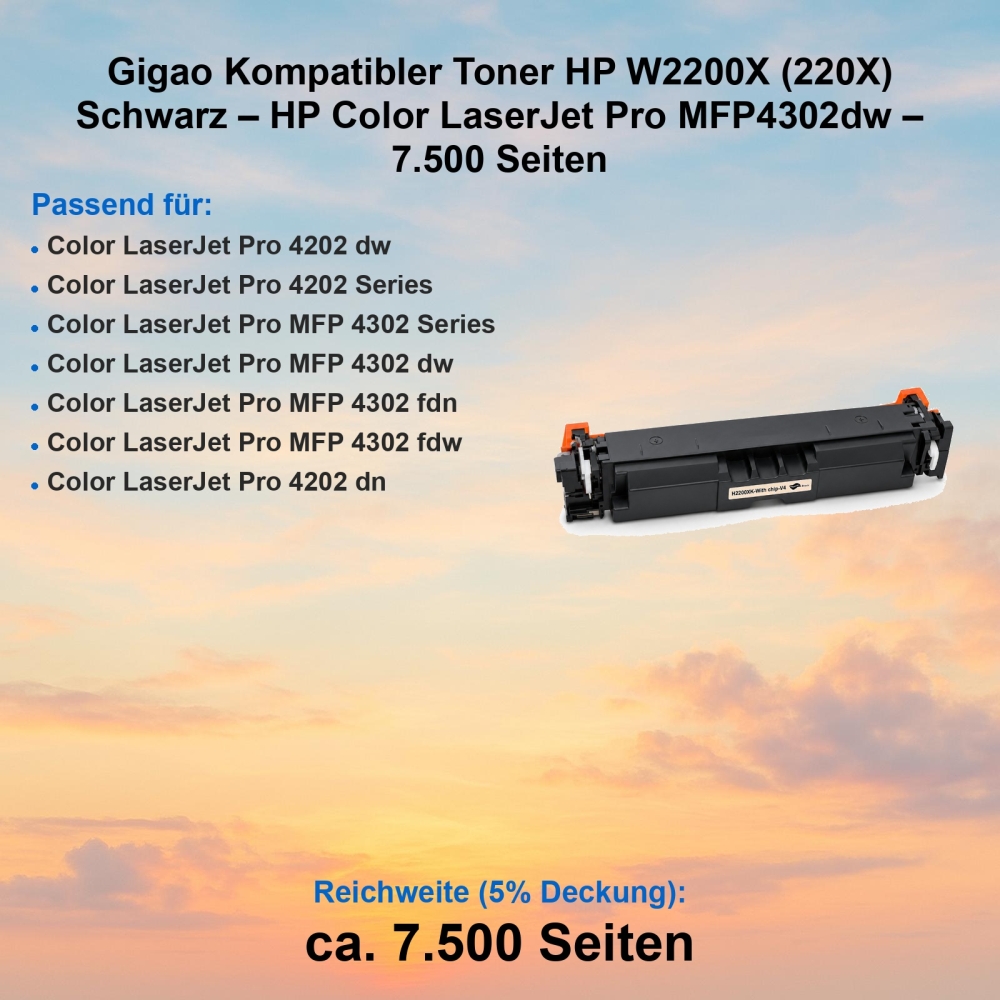 Schwarz Toner für HP LaserJet Pro MFP 4302dw kompatibel W2200X (220X) XL-Version