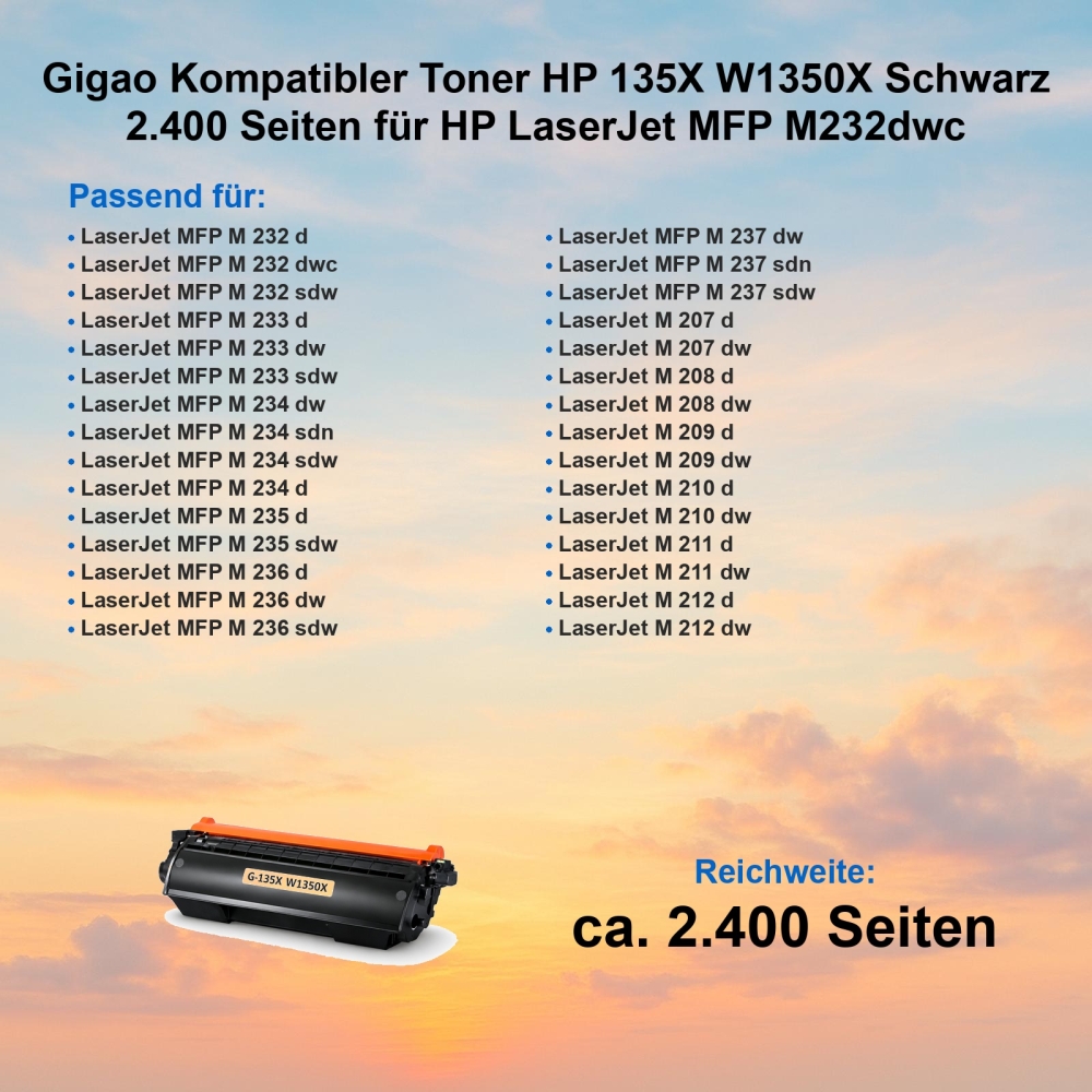 Gigao Kompatibler Toner HP 135X W1350X Schwarz 2.400 Seiten für HP LaserJet MFP M232dwc