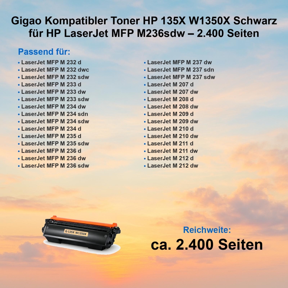 Gigao Kompatibler Toner HP 135X W1350X Schwarz für HP LaserJet MFP M236sdw – 2.400 Seiten