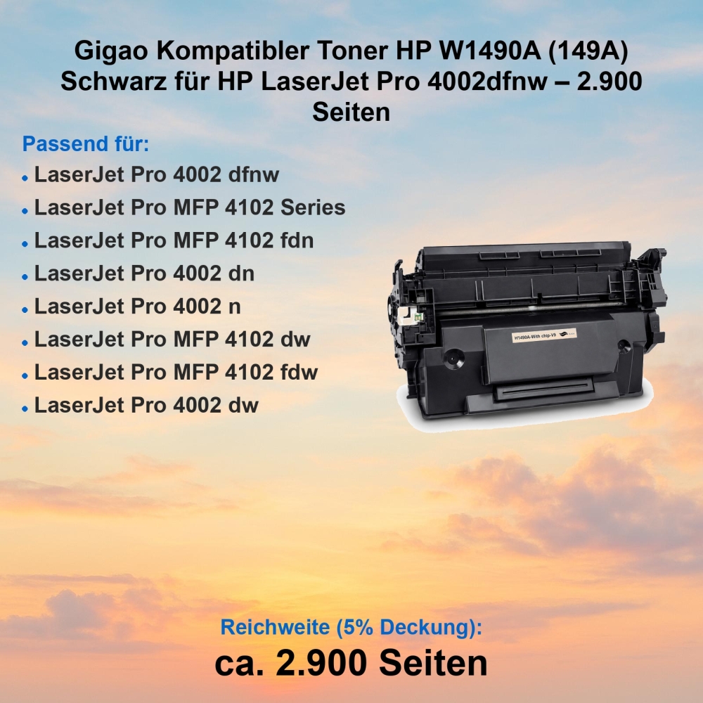 Gigao Kompatibler Toner HP W1490A (149A) Schwarz für HP LaserJet Pro 4002dfnw – 2.900 Seiten