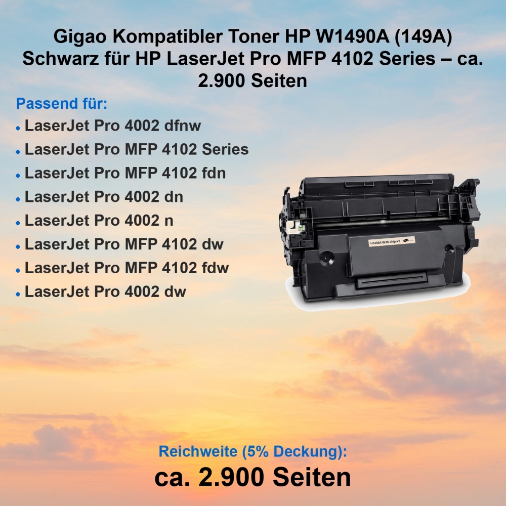 Gigao Kompatibler Toner HP W1490A (149A) Schwarz für HP LaserJet Pro MFP 4102 Series – ca. 2.900 Seiten