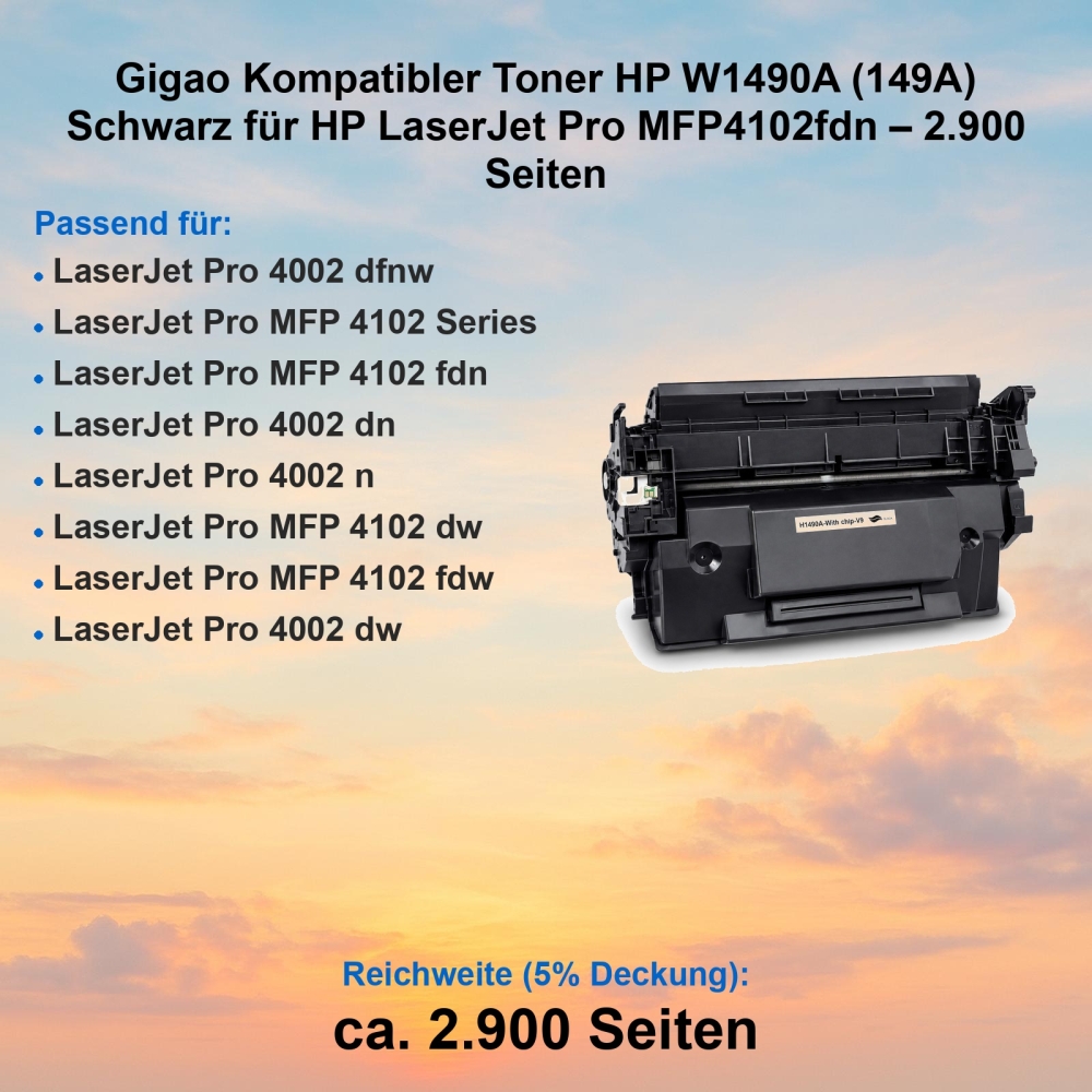 Gigao Kompatibler Toner HP W1490A (149A) Schwarz für HP LaserJet Pro MFP4102fdn – 2.900 Seiten