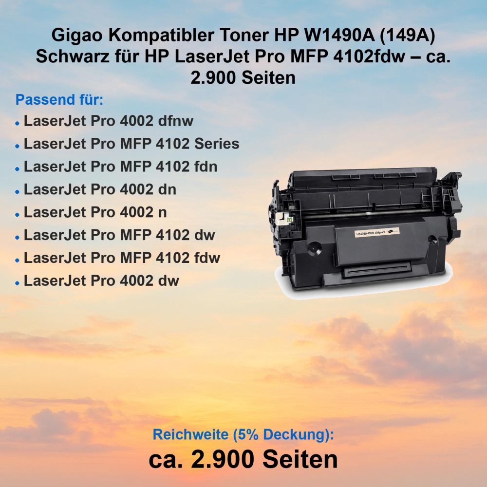 Gigao Kompatibler Toner HP W1490A (149A) Schwarz für HP LaserJet Pro MFP 4102fdw – ca. 2.900 Seiten