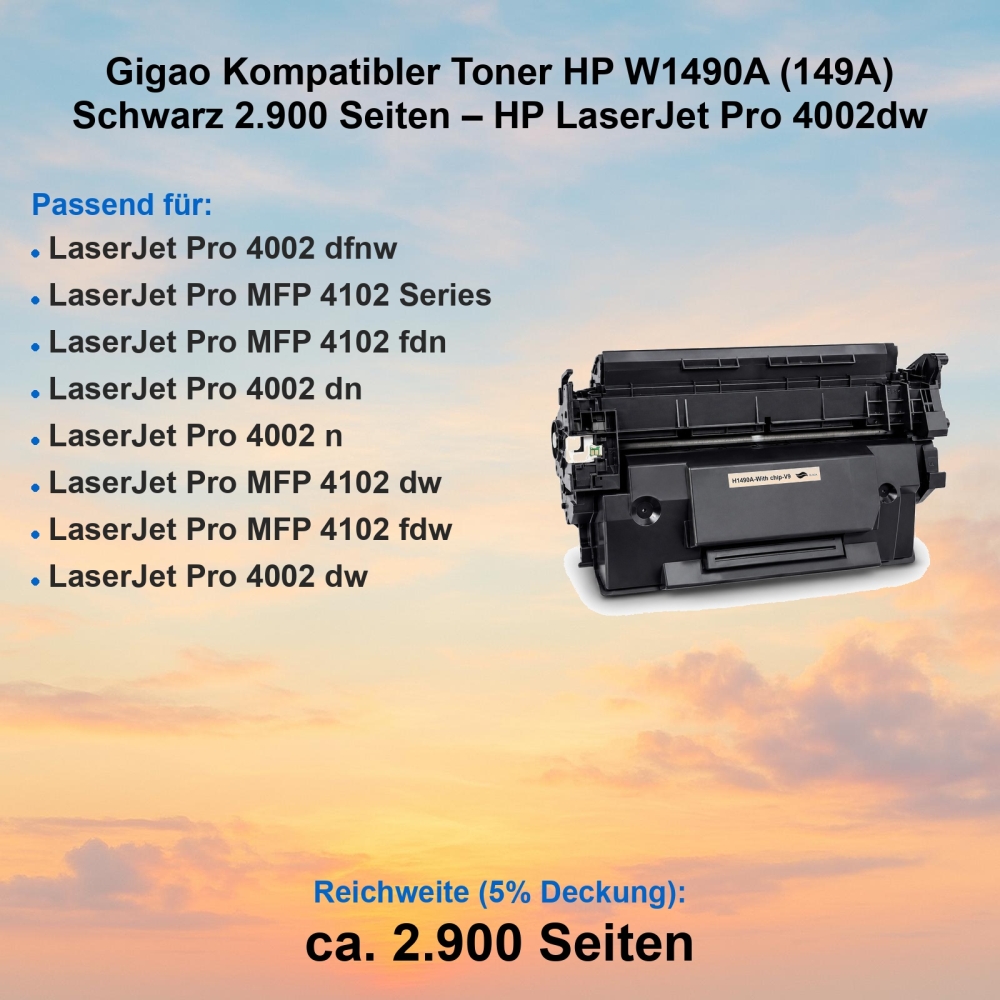 Gigao Kompatibler Toner HP W1490A (149A) Schwarz 2.900 Seiten – HP LaserJet Pro 4002dw