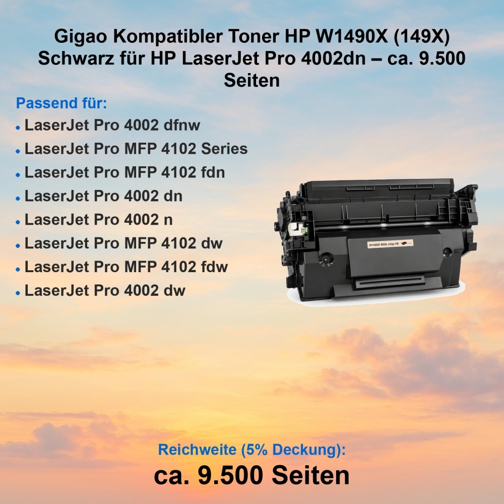 Gigao Kompatibler Toner HP W1490X (149X) Schwarz für HP LaserJet Pro 4002dn – ca. 9.500 Seiten
