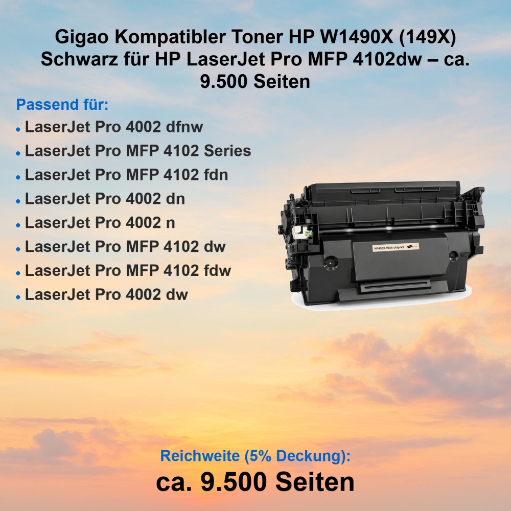 Gigao Kompatibler Toner HP W1490X (149X) Schwarz für HP LaserJet Pro MFP 4102dw – ca. 9.500 Seiten
