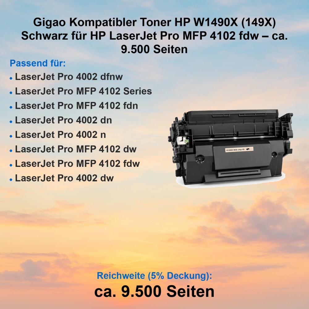 Gigao Kompatibler Toner HP W1490X (149X) Schwarz für HP LaserJet Pro MFP 4102 fdw – ca. 9.500 Seiten