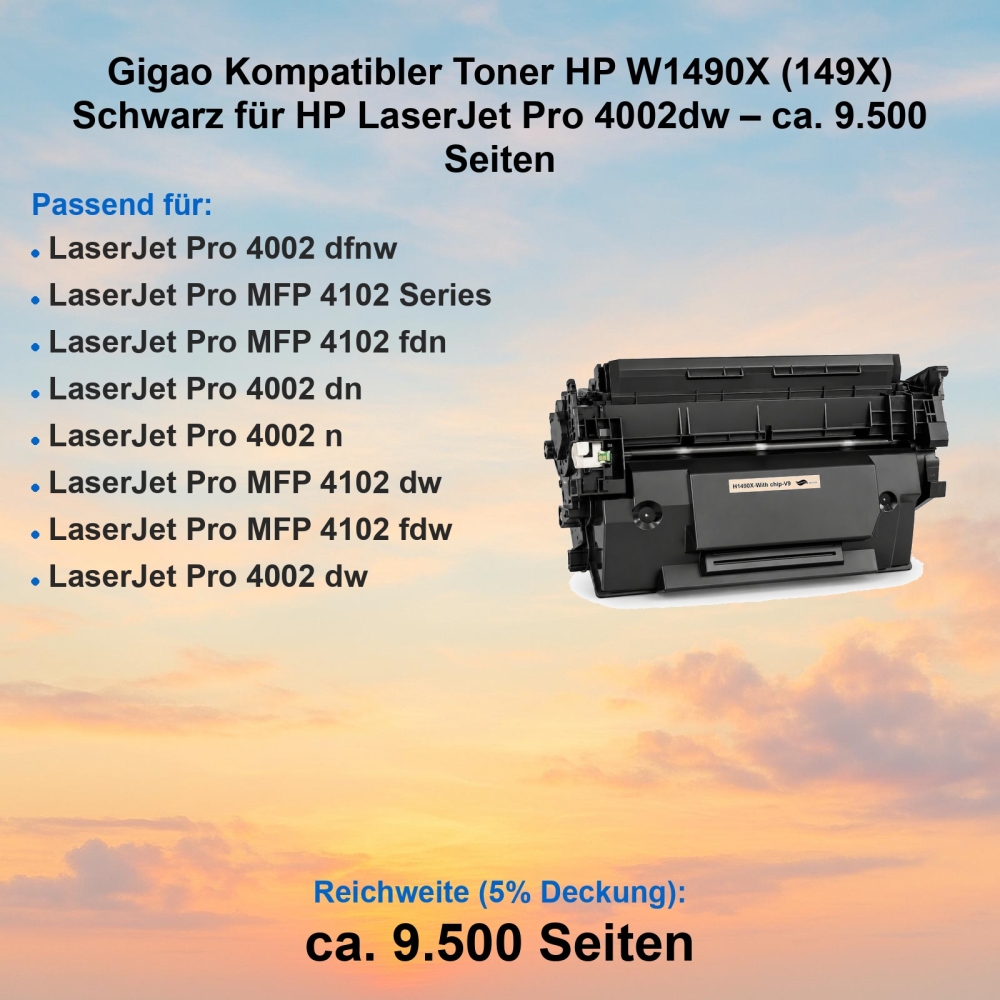Gigao Kompatibler Toner HP W1490X (149X) Schwarz für HP LaserJet Pro 4002dw – ca. 9.500 Seiten