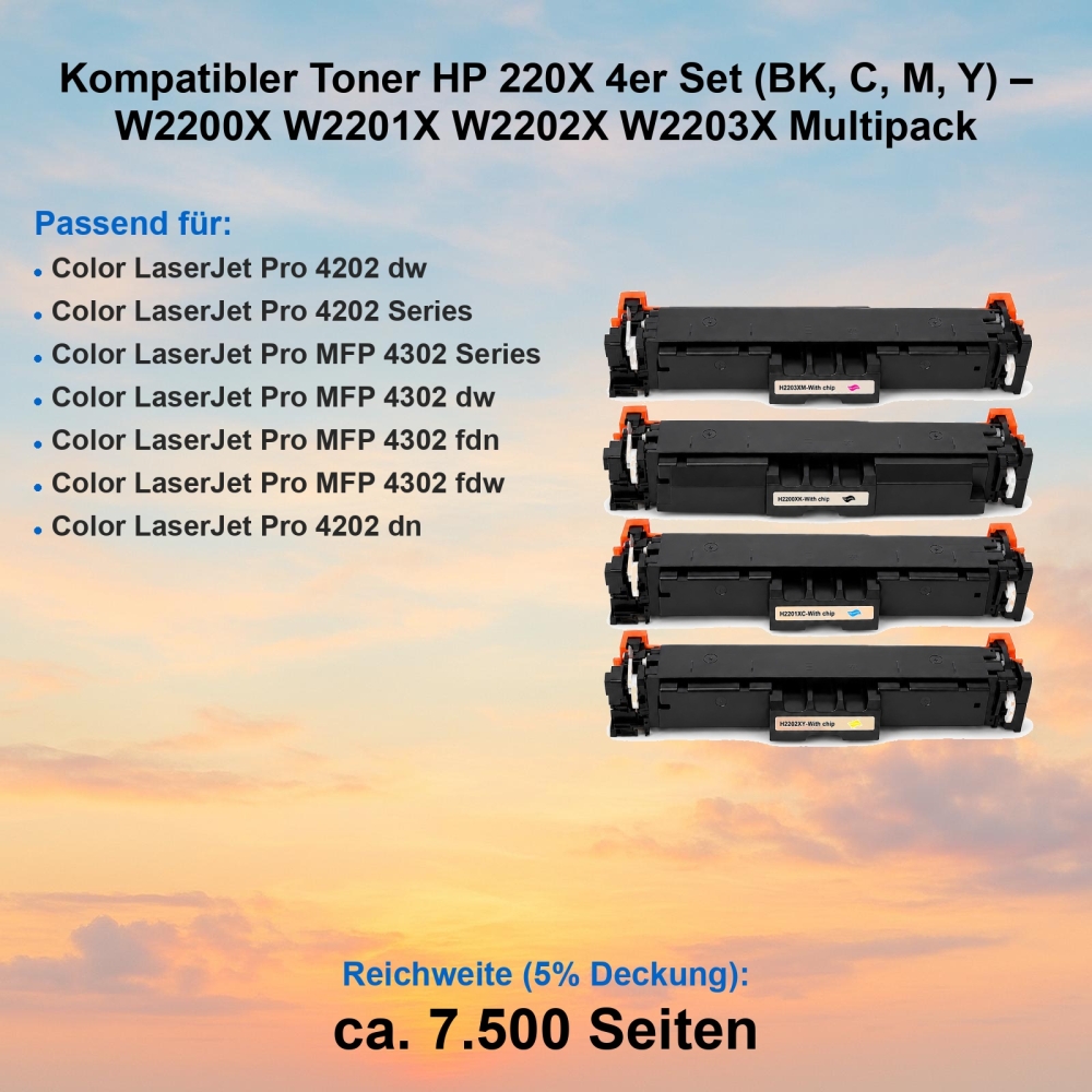 Kompatibler Toner HP 220X 4er Set (BK, C, M, Y) – W2200X W2201X W2202X W2203X Multipack