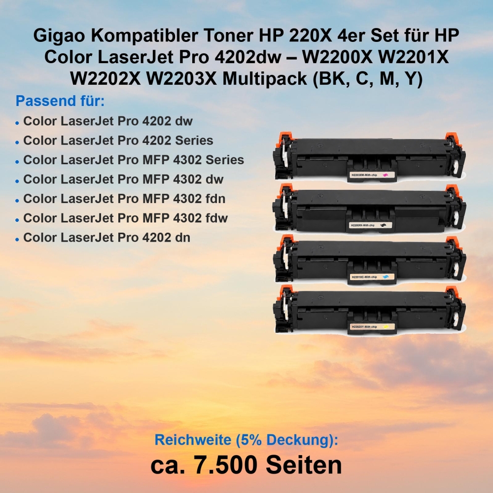Gigao Kompatibler Toner HP 220X 4er Set für HP Color LaserJet Pro 4202dw – W2200X W2201X W2202X W2203X Multipack (BK, C, M, Y)