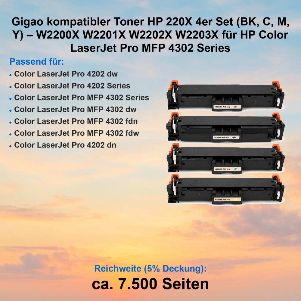Gigao kompatibler Toner HP 220X 4er Set (BK, C, M, Y) – W2200X W2201X W2202X W2203X für HP Color LaserJet Pro MFP 4302 Series