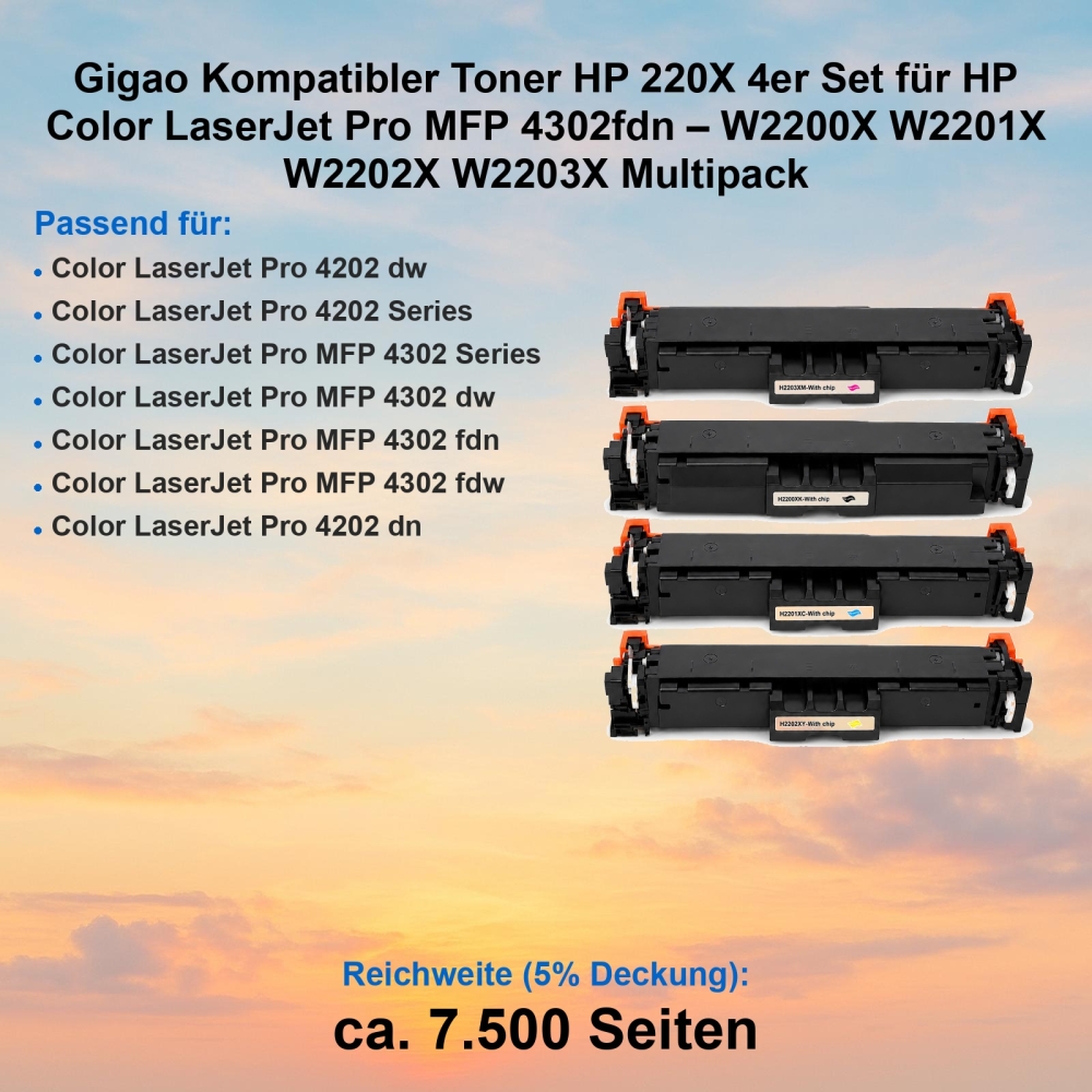 Gigao Kompatibler Toner HP 220X 4er Set für HP Color LaserJet Pro MFP 4302fdn – W2200X W2201X W2202X W2203X Multipack