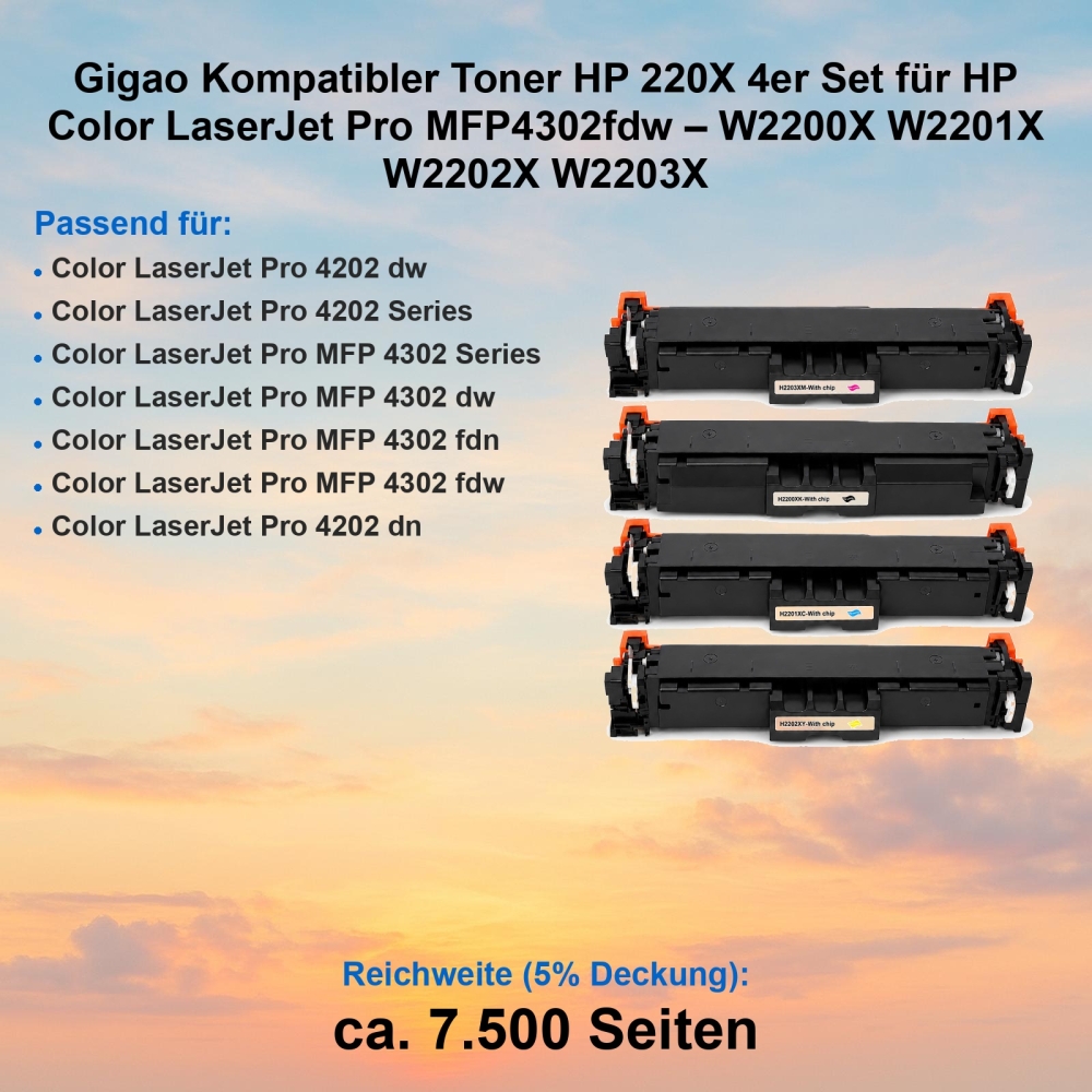 Gigao Kompatibler Toner HP 220X 4er Set für HP Color LaserJet Pro MFP4302fdw – W2200X W2201X W2202X W2203X