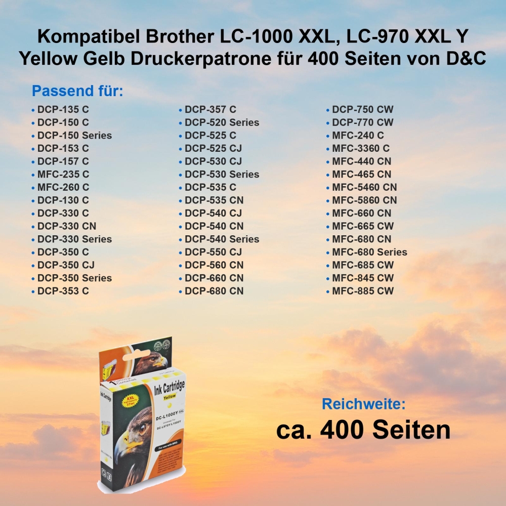 Kompatibel Brother LC-1000 XXL, LC-970 XXL Y Yellow Gelb Druckerpatrone für 400 Seiten von D&C