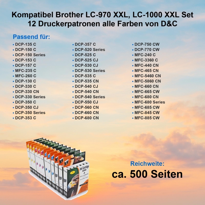 Kompatibel Brother LC-970 XXL, LC-1000 XXL Set 12 Druckerpatronen alle Farben von D&C