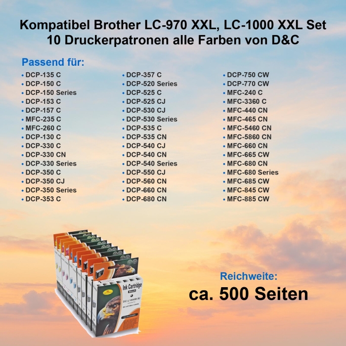 Kompatibel Brother LC-970 XXL, LC-1000 XXL Set 10 Druckerpatronen alle Farben von D&C