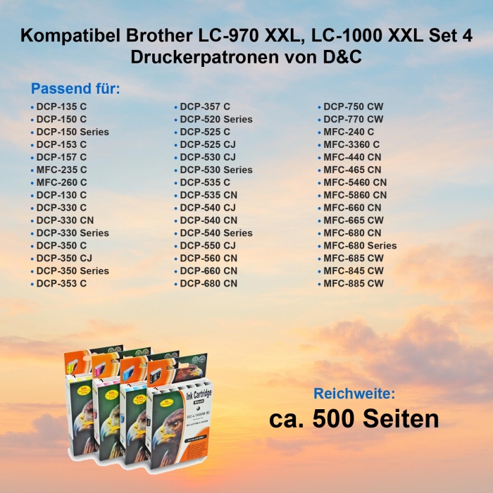 Kompatibel Brother LC-970 XXL, LC-1000 XXL Set 4 Druckerpatronen von D&C