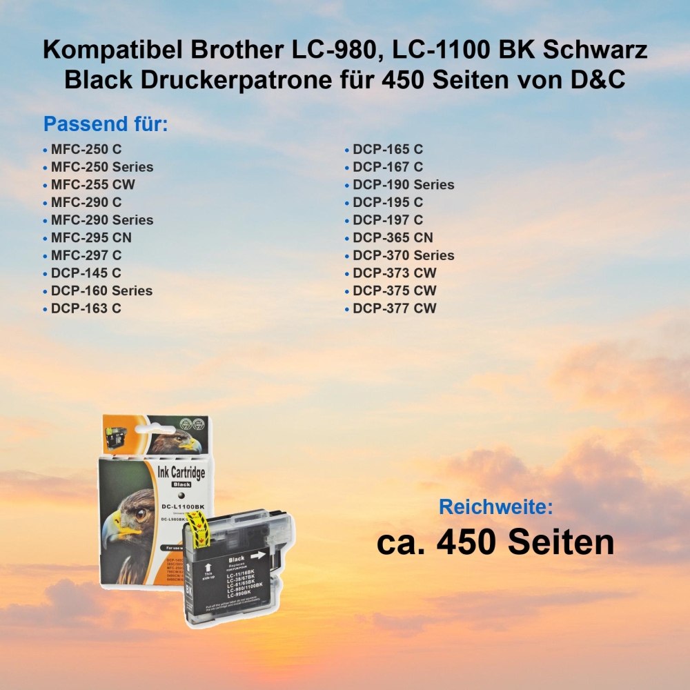Kompatibel Brother LC-980BK, LC-1100BK Schwarz Black Druckerpatrone Tinte für 450 Seiten von D&C